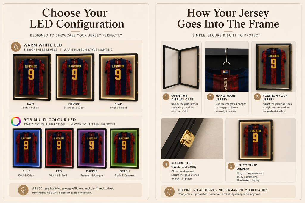 LED Sports Jersey Display Frame Case – Custom Colour Background | Football • Soccer • Basketball • Rugby • Baseball • Hockey